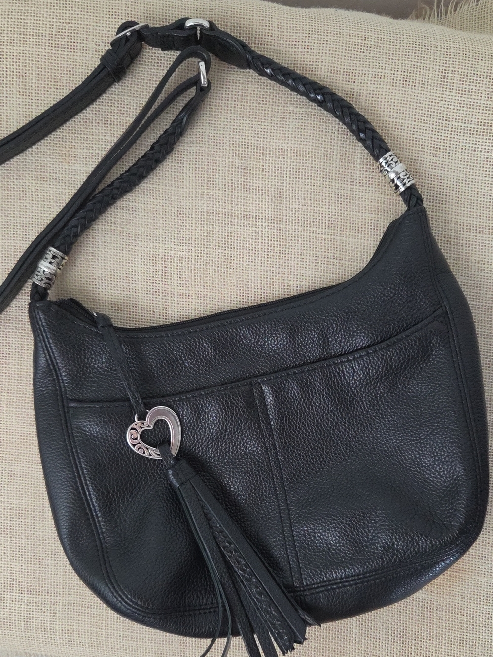 Brighton Black Leather Shoulder Or Crossbody Bag with Braided Strap